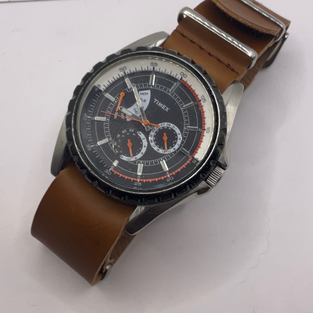 Timex Retrograde Black and Orange Men's Watch Brown Leather Band